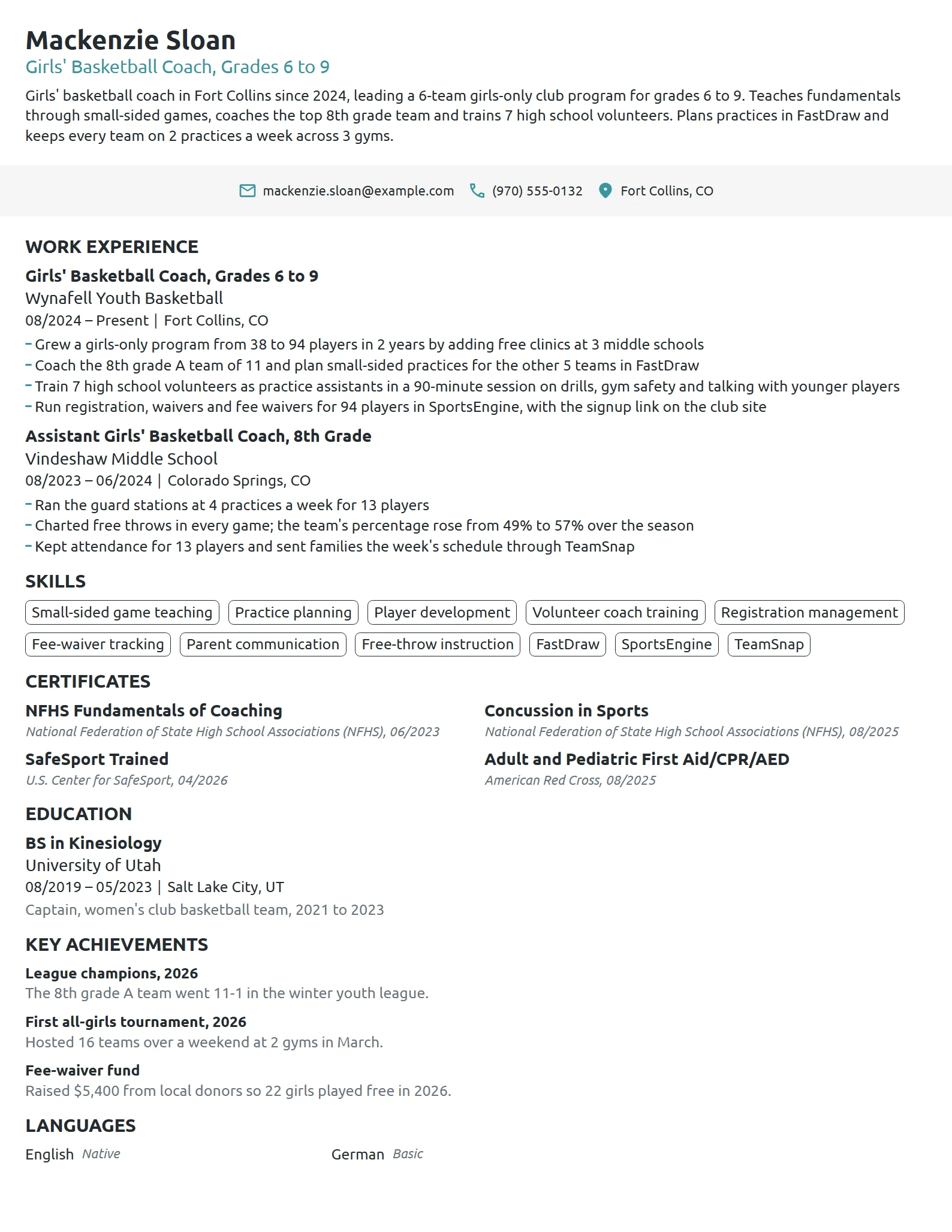 Girls' Basketball Coach resume example