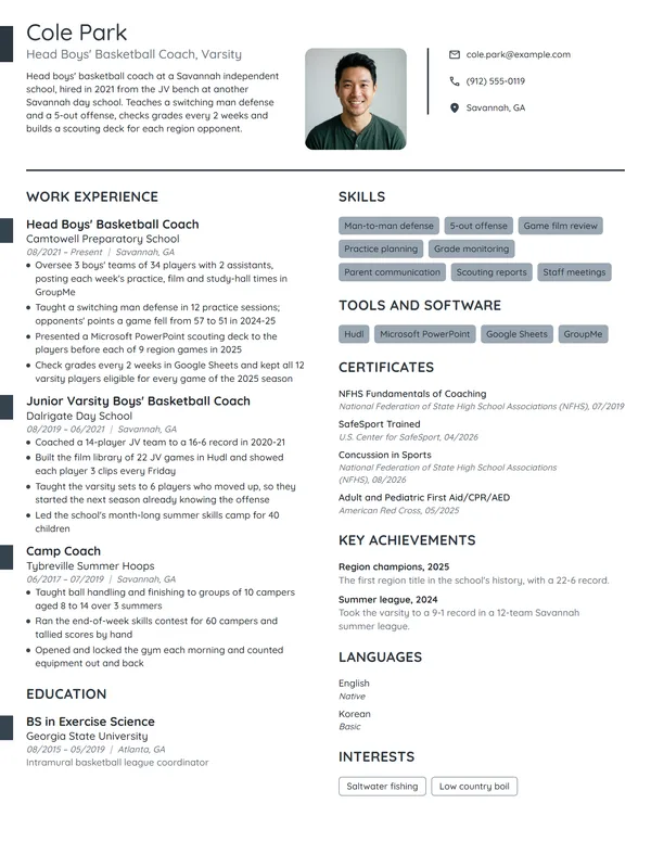 Head Basketball Coach resume example