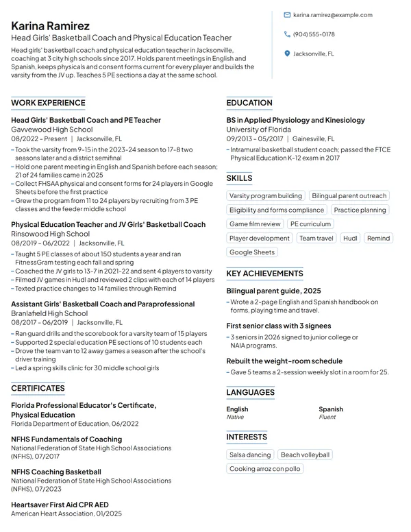 High School Basketball Coach resume example