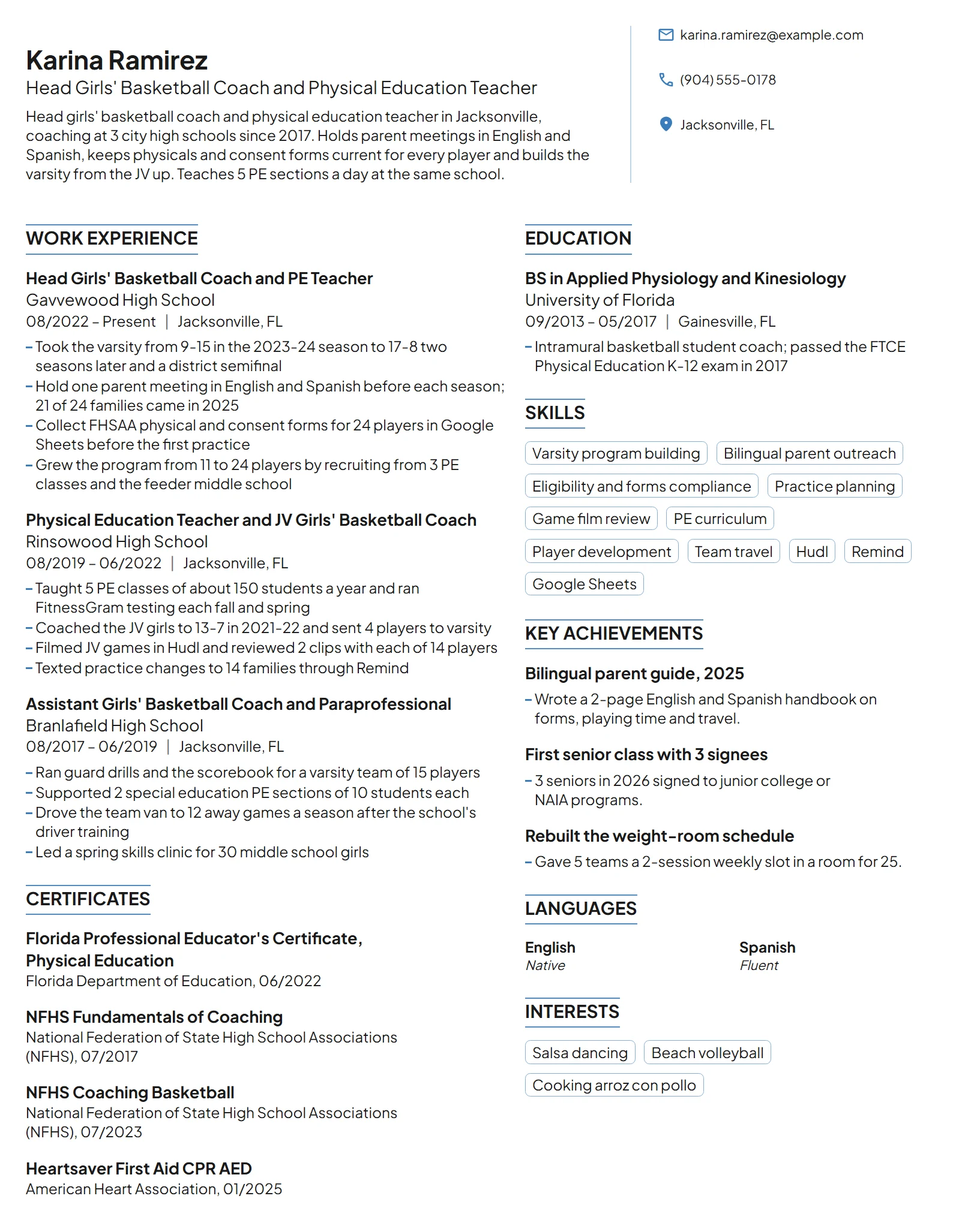 High School Basketball Coach resume example