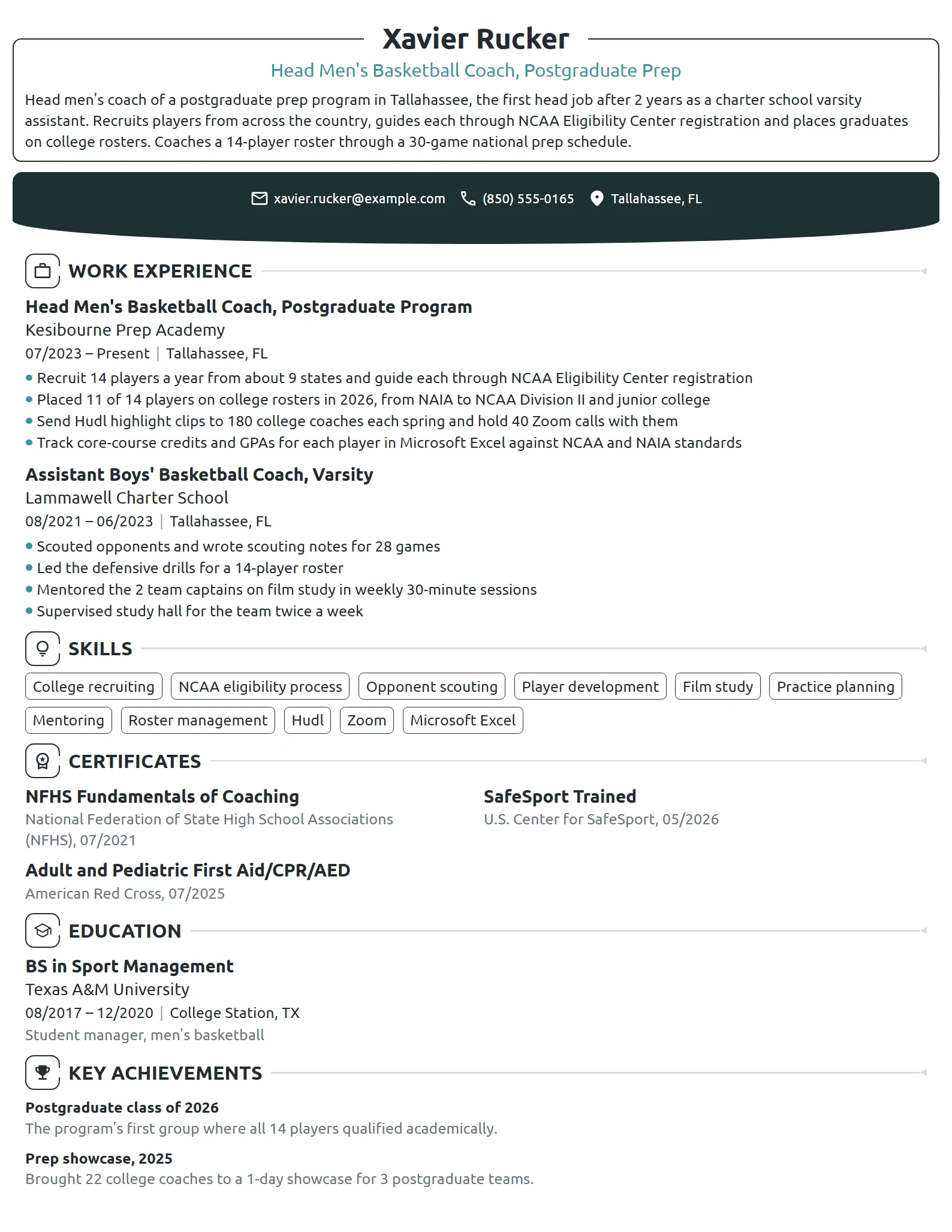 Men's Basketball Coach resume example