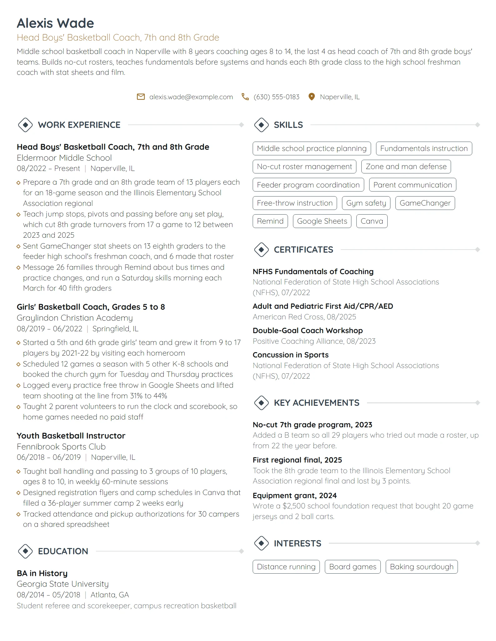 Middle School Basketball Coach resume example