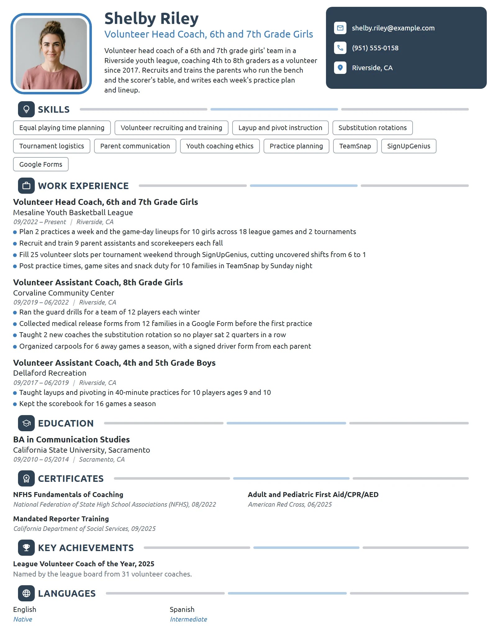 Volunteer Basketball Coach resume example