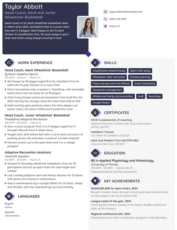 Wheelchair Basketball Coach resume example