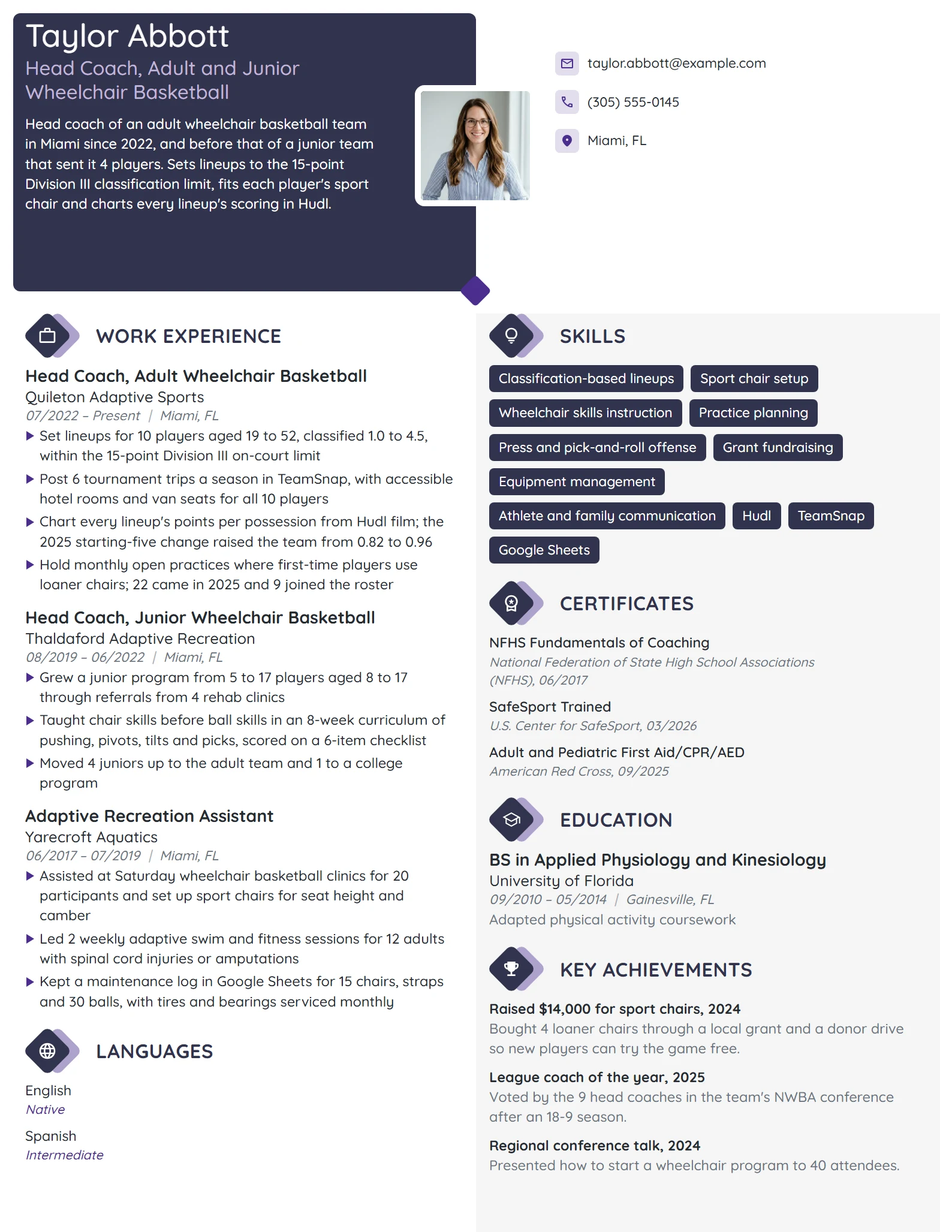 Wheelchair Basketball Coach resume example