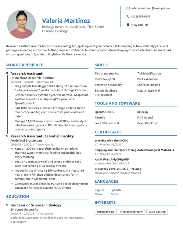 Biology Research Assistant resume example