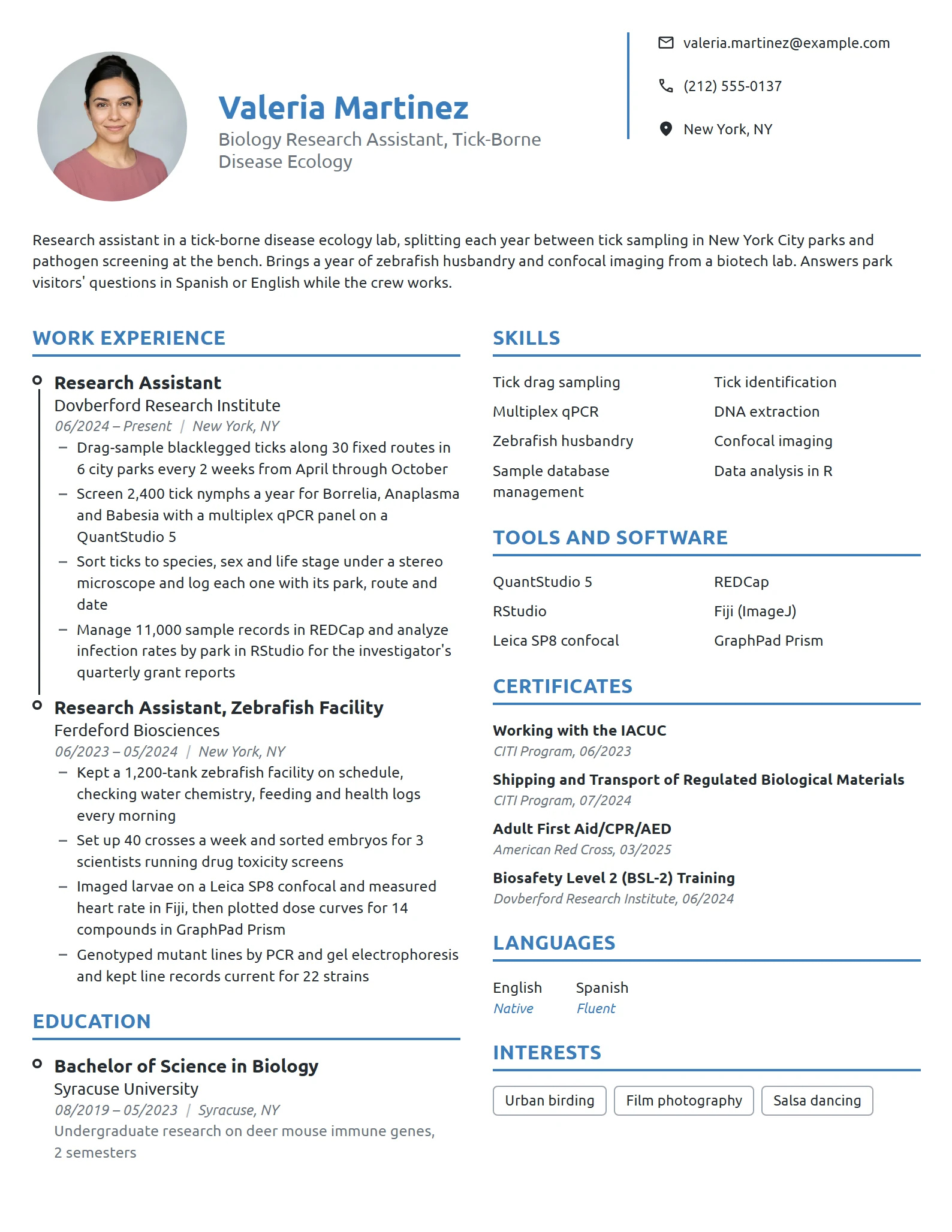 Biology Research Assistant resume example
