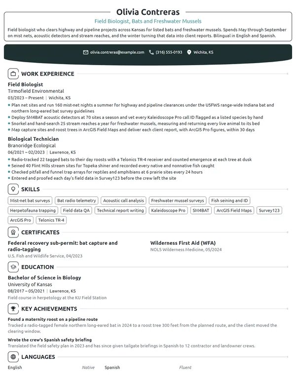Field Biologist resume example