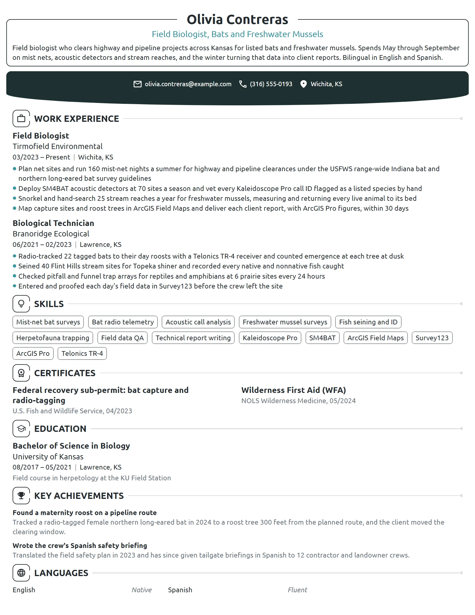 Field Biologist resume example