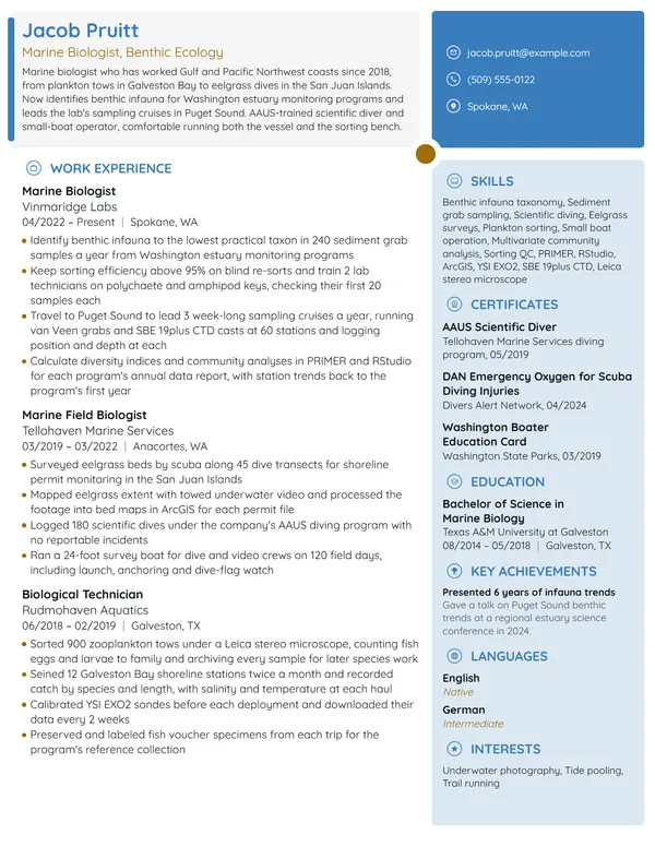 Marine Biologist resume example