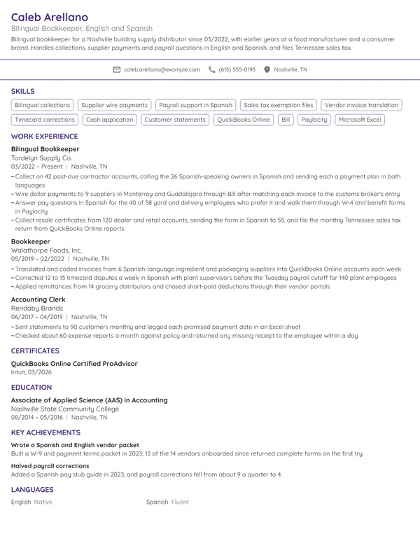 Bilingual Bookkeeper resume example