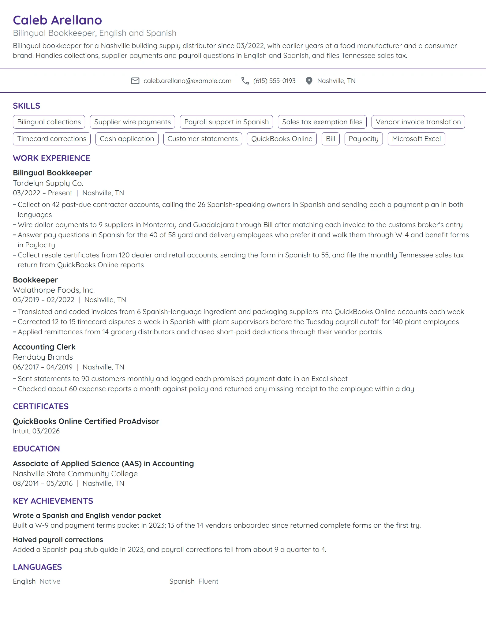 Bilingual Bookkeeper resume example