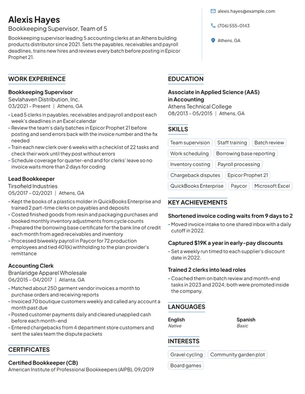 Bookkeeping Supervisor resume example