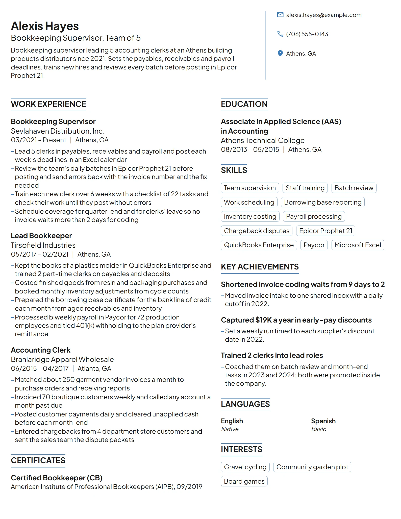 Bookkeeping Supervisor resume example