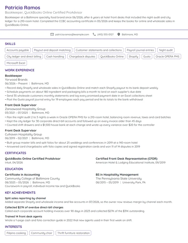 Career Change Bookkeeper resume example