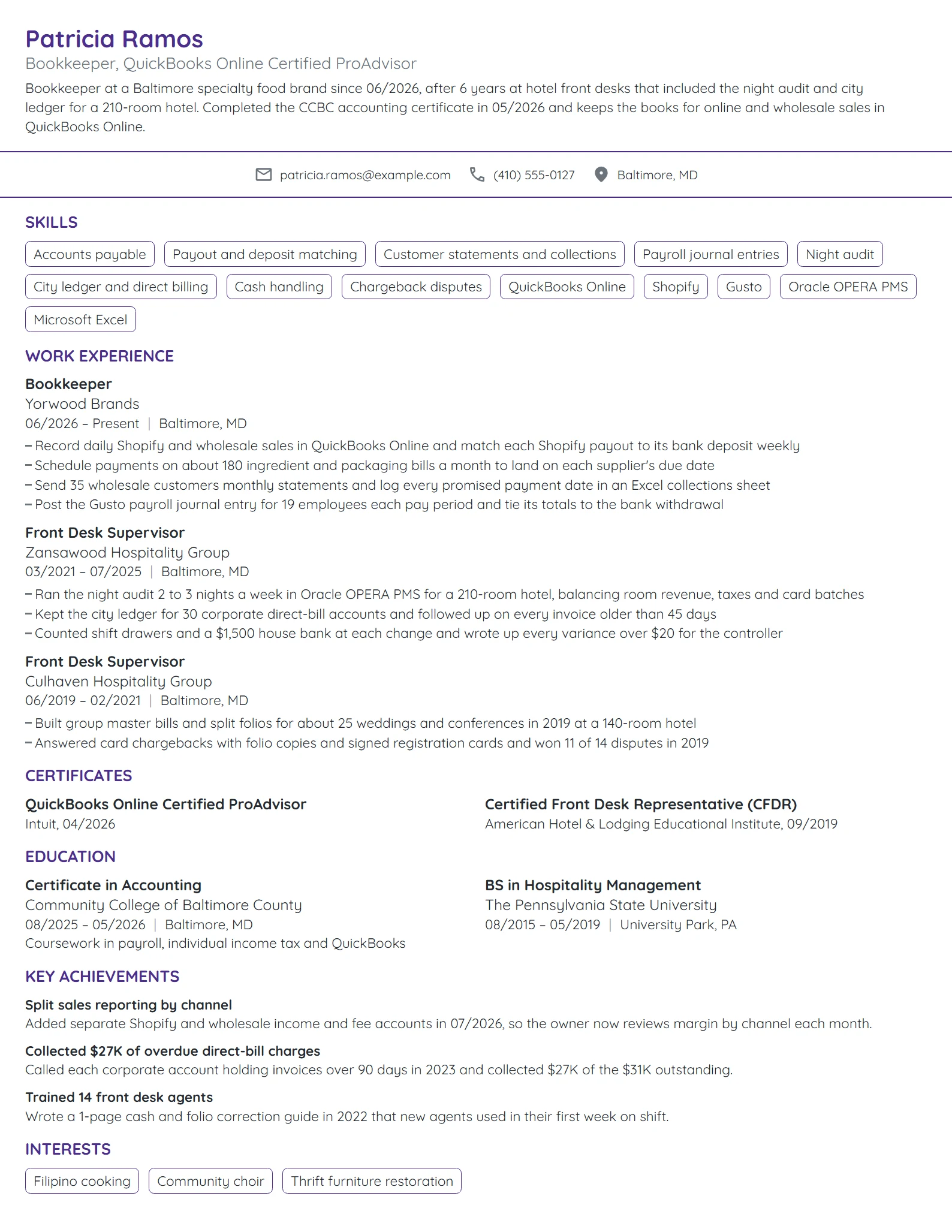 Career Change Bookkeeper resume example