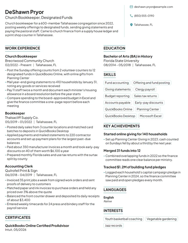 Church Bookkeeper resume example