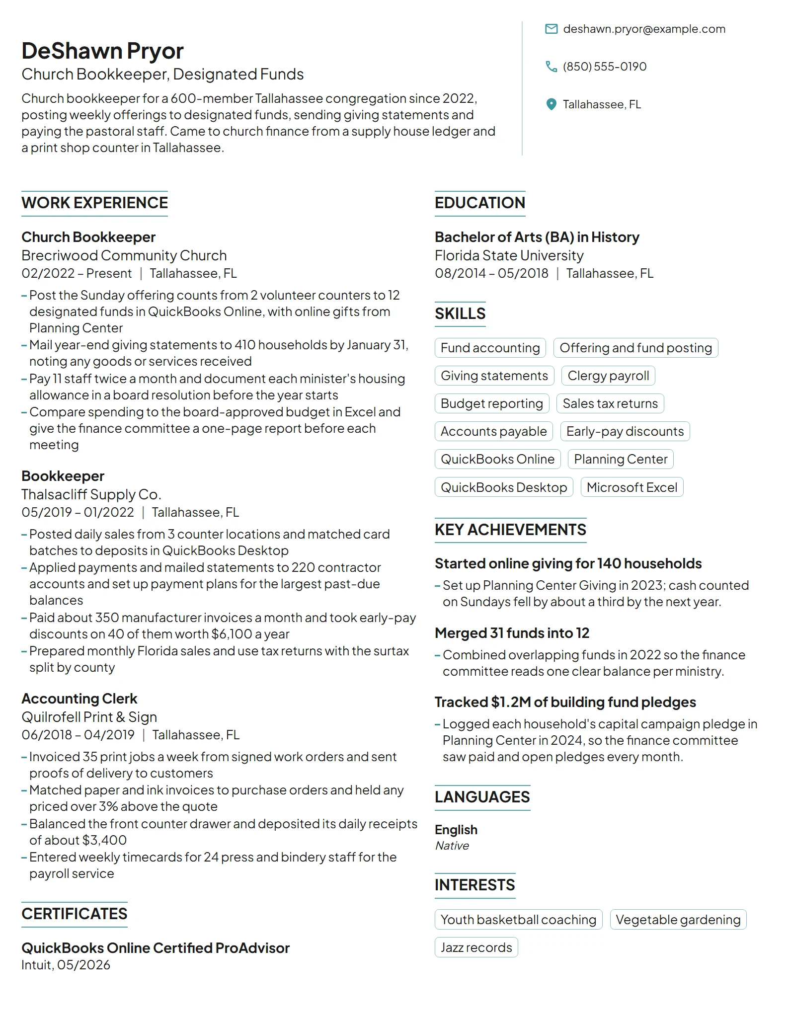 Church Bookkeeper resume example