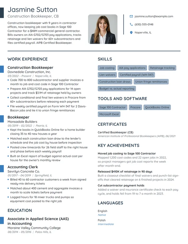 Construction Bookkeeper resume example