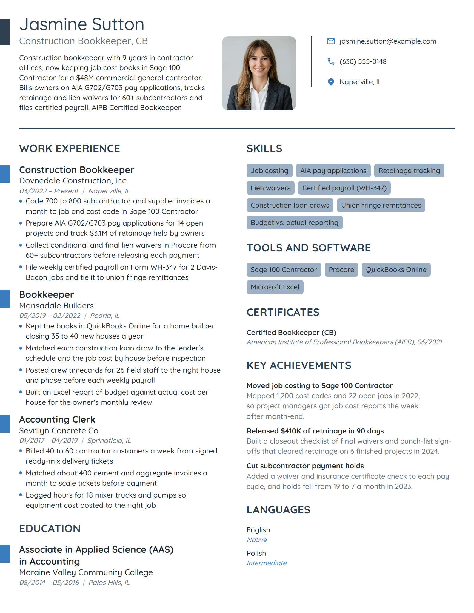 Construction Bookkeeper resume example
