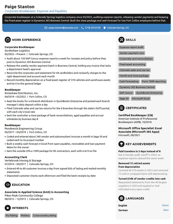 Corporate Bookkeeper resume example