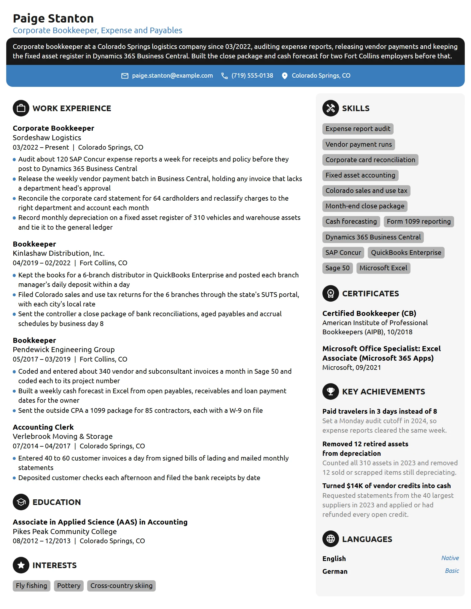 Corporate Bookkeeper resume example