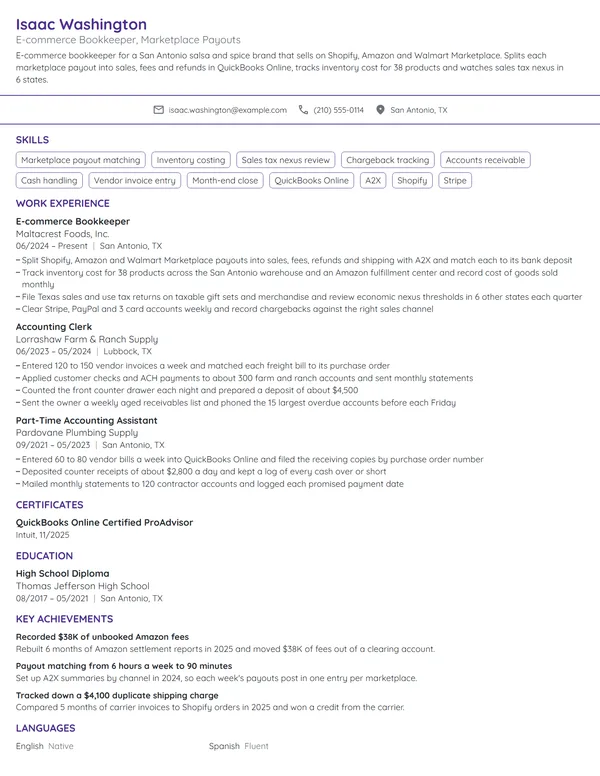 E-commerce Bookkeeper resume example