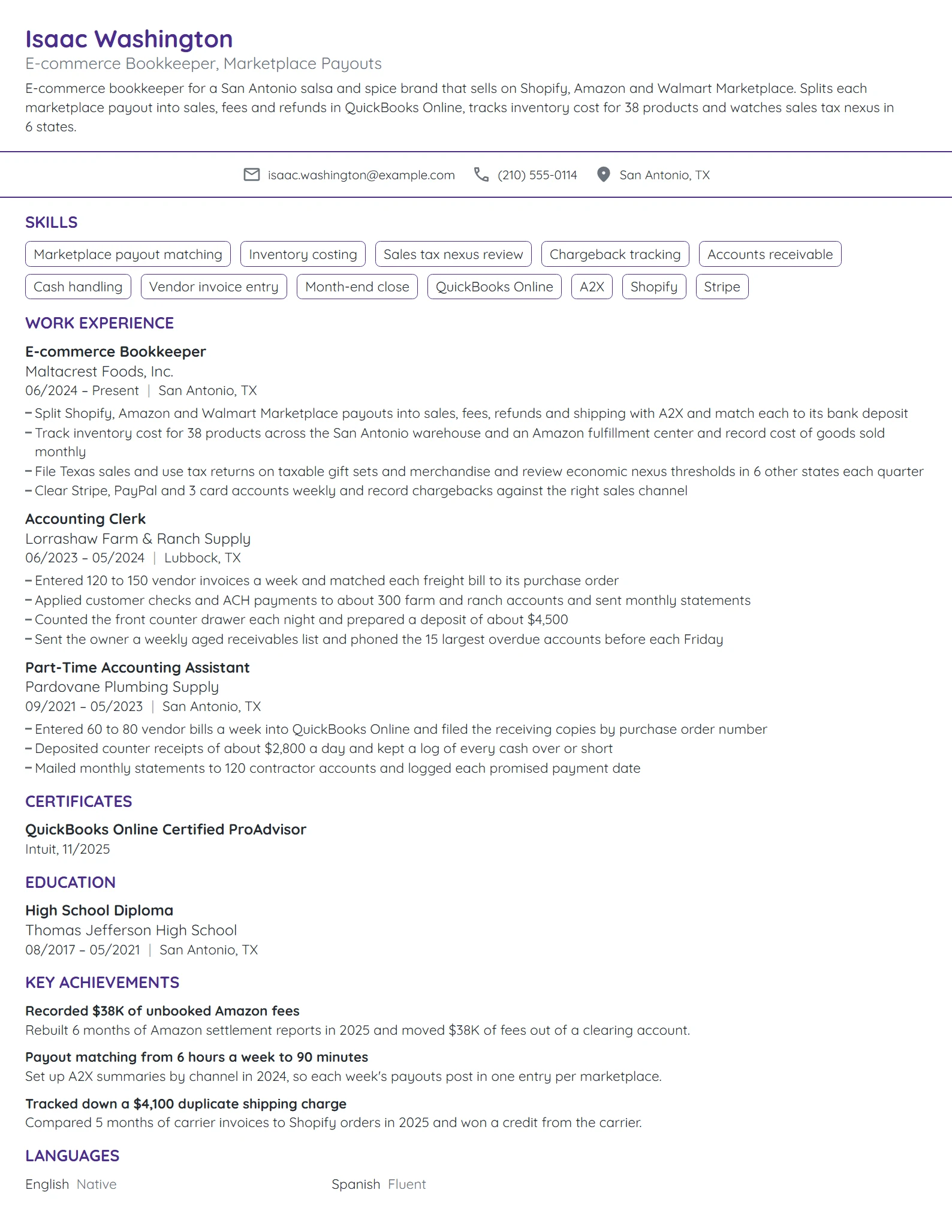 E-commerce Bookkeeper resume example
