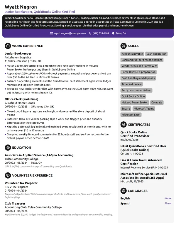 Entry-Level Bookkeeper resume example