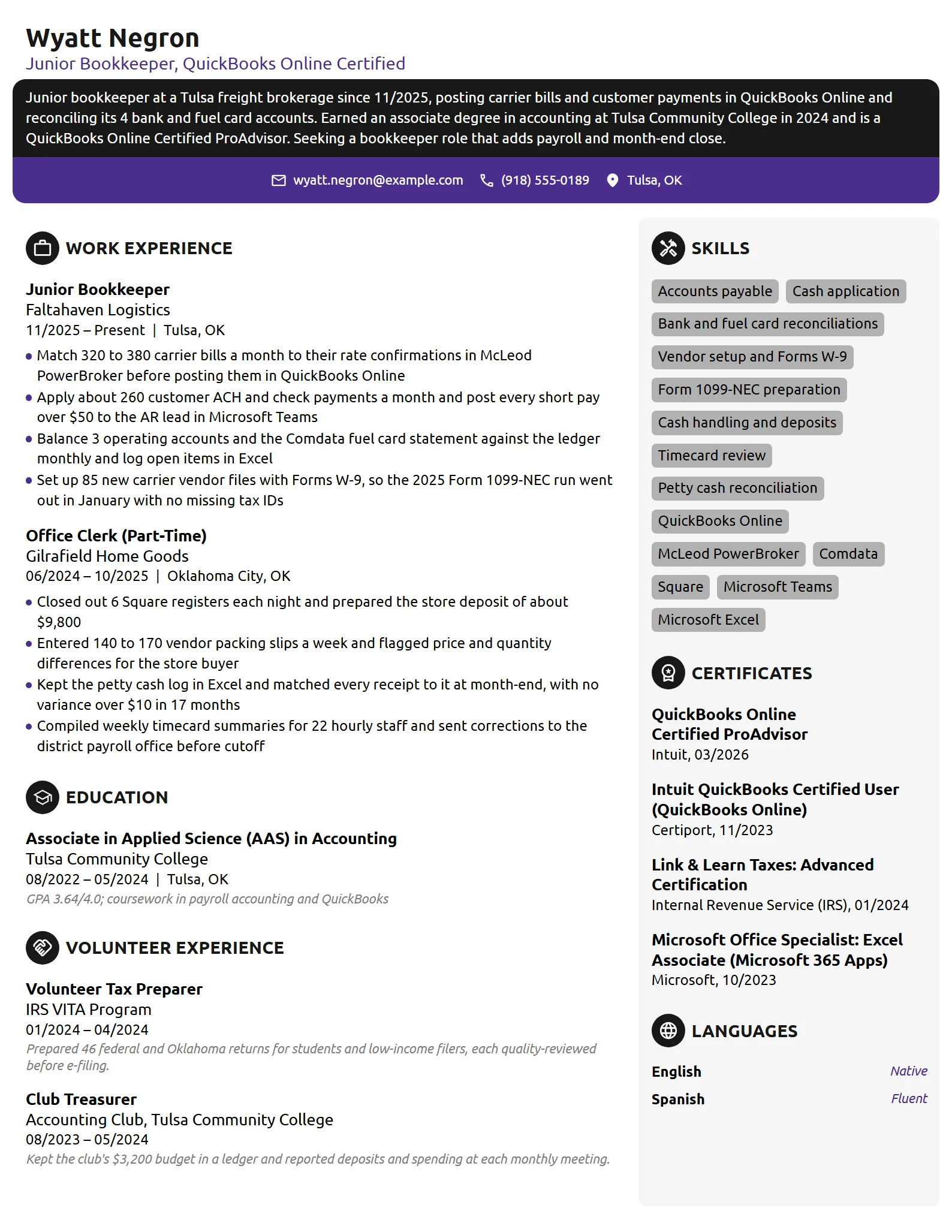 Entry-Level Bookkeeper resume example