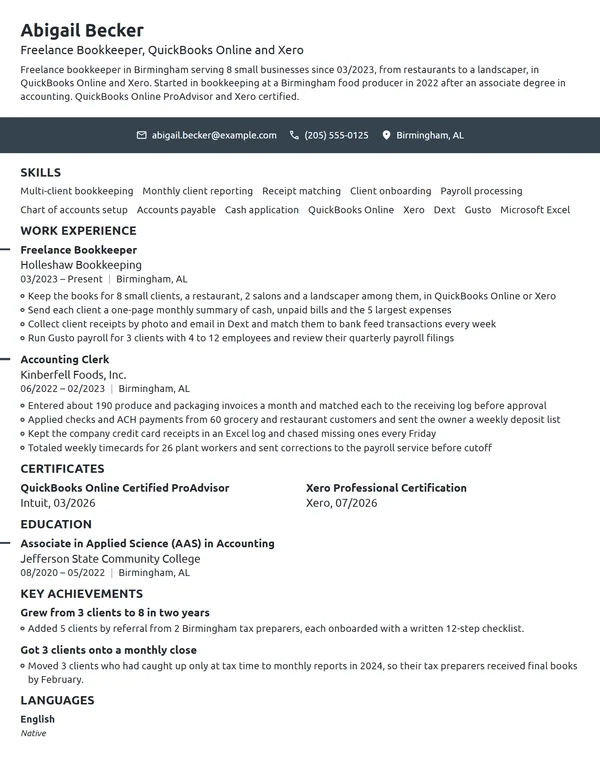 Freelance Bookkeeper resume example