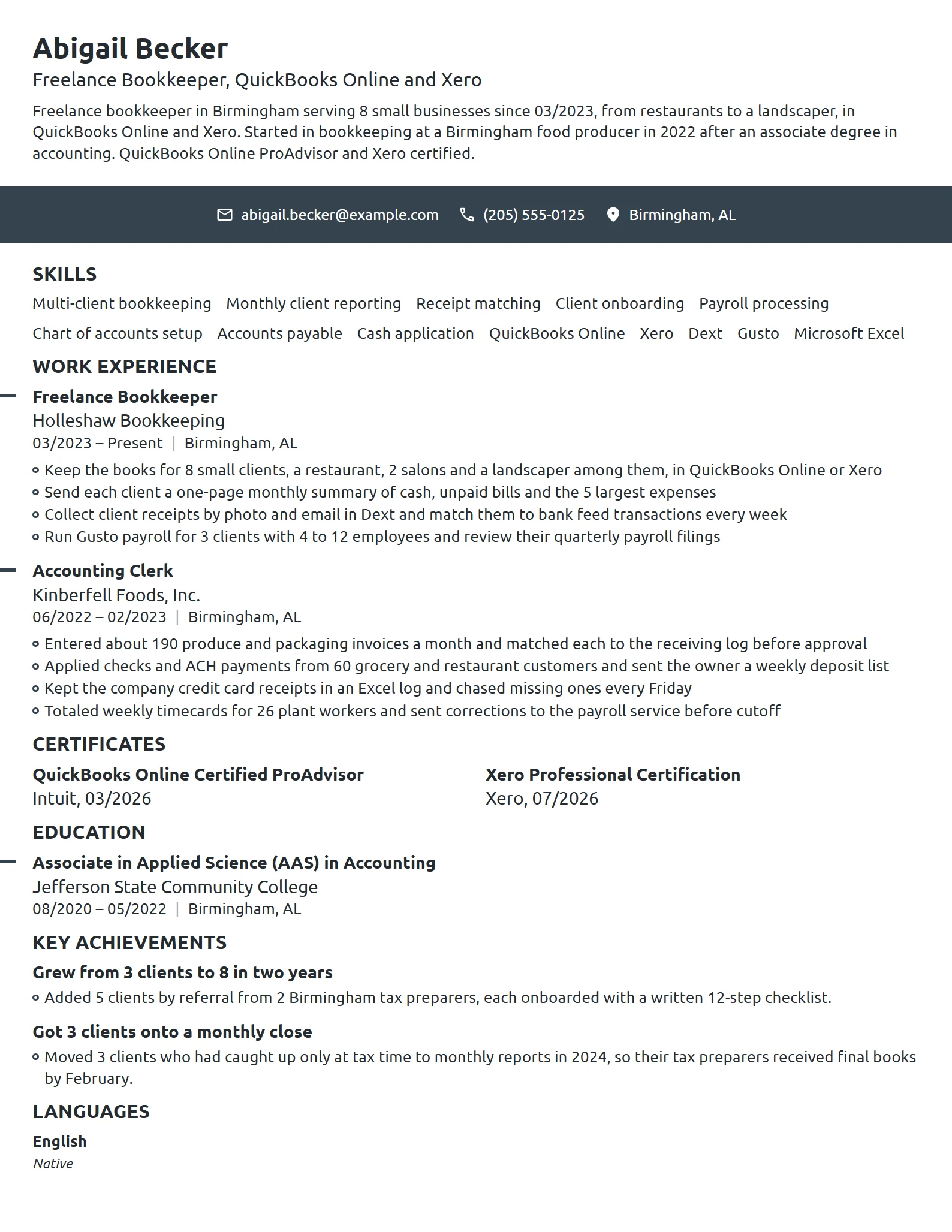 Freelance Bookkeeper resume example