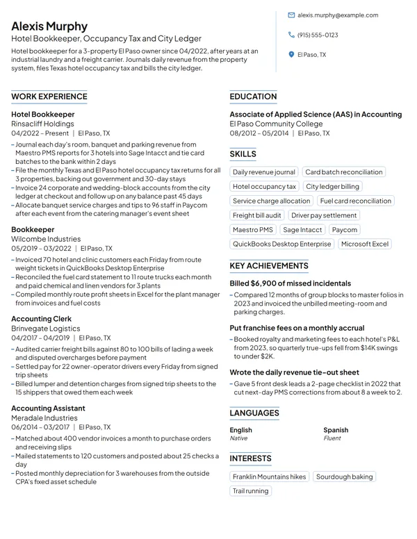 Hotel Bookkeeper resume example