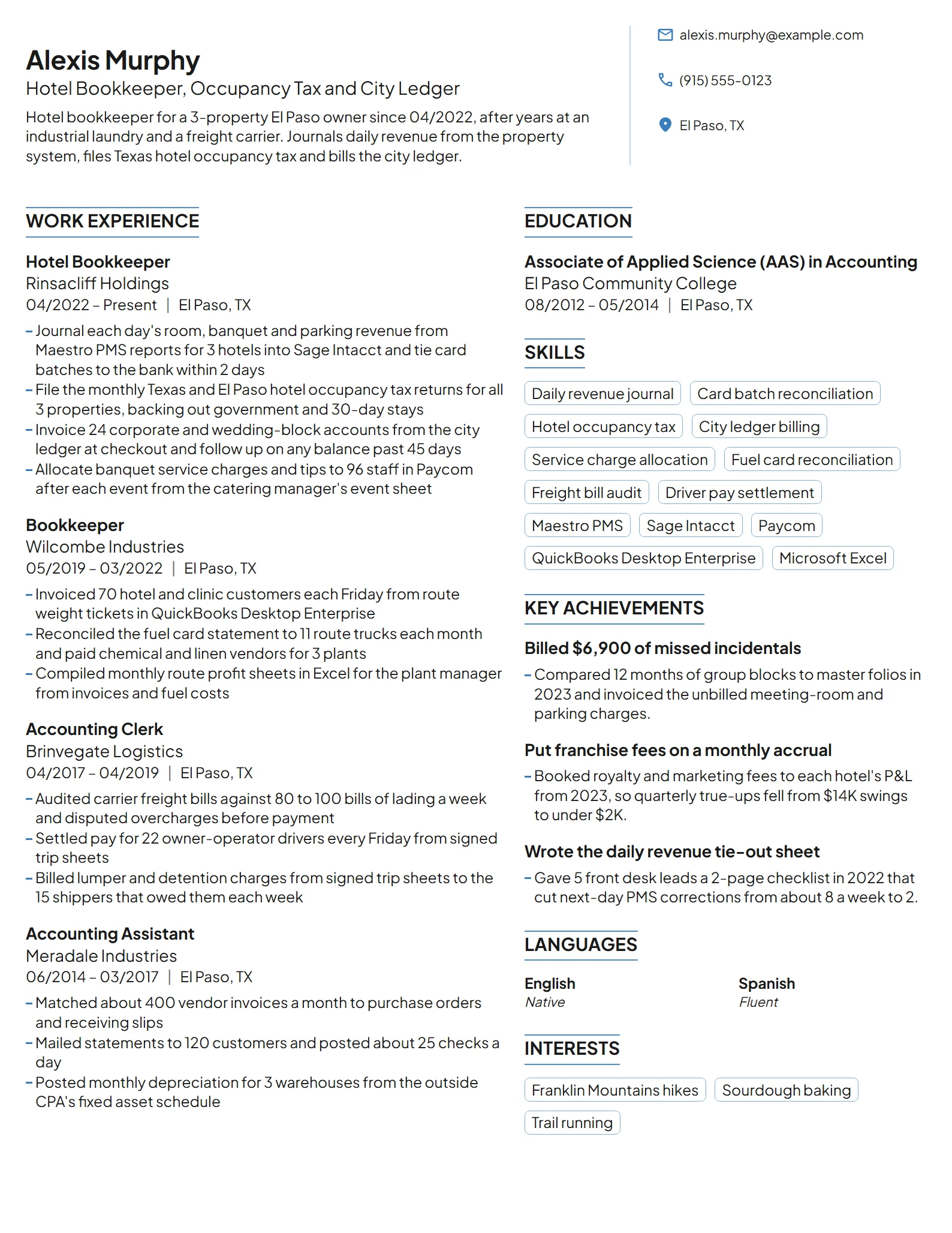 Hotel Bookkeeper resume example
