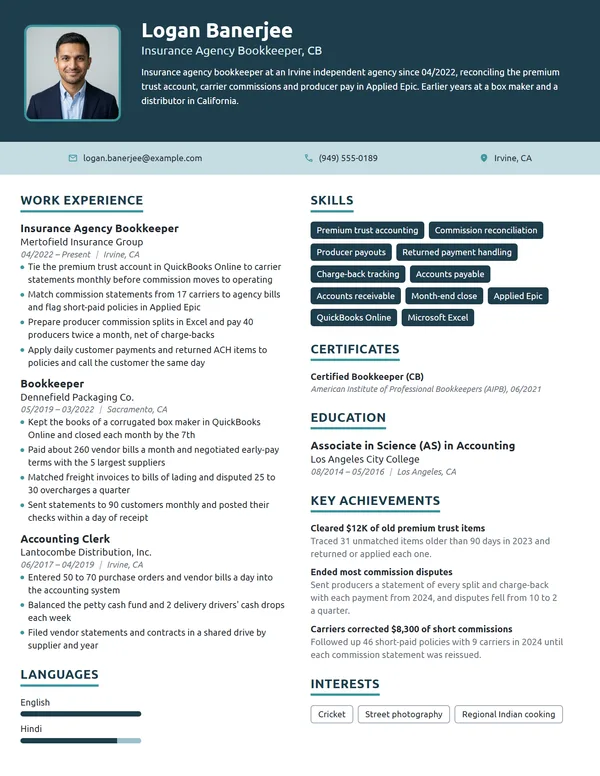 Insurance Agency Bookkeeper resume example