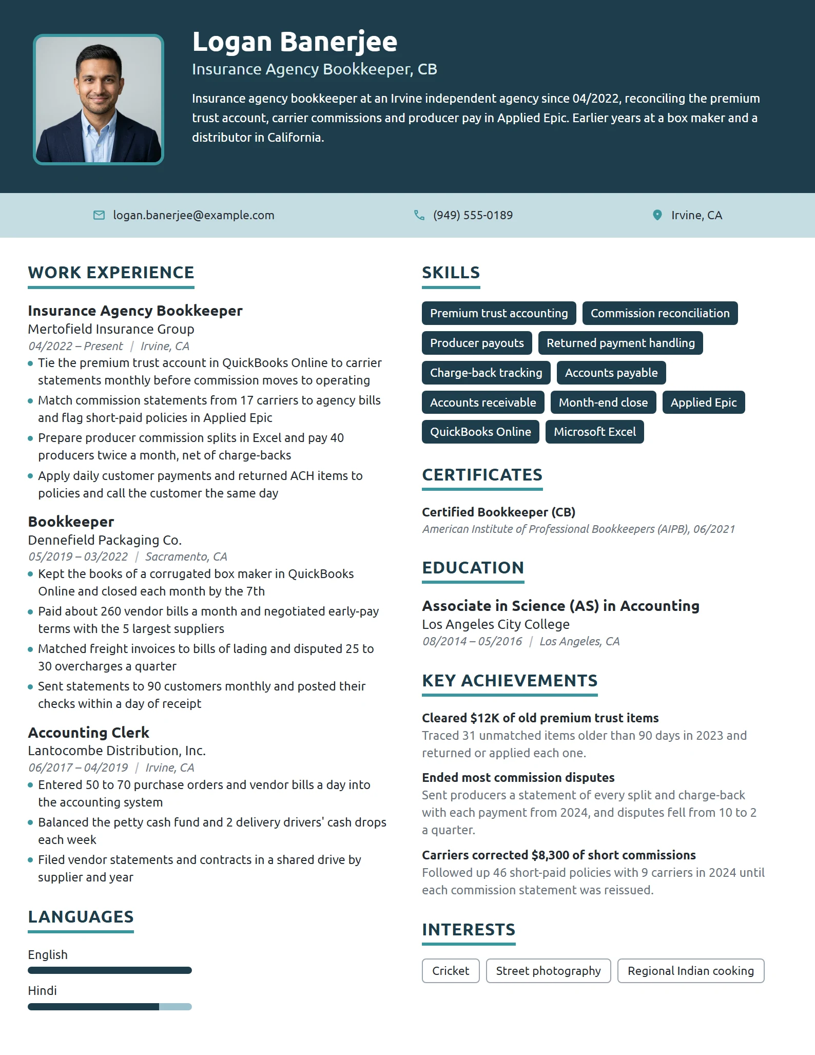 Insurance Agency Bookkeeper resume example