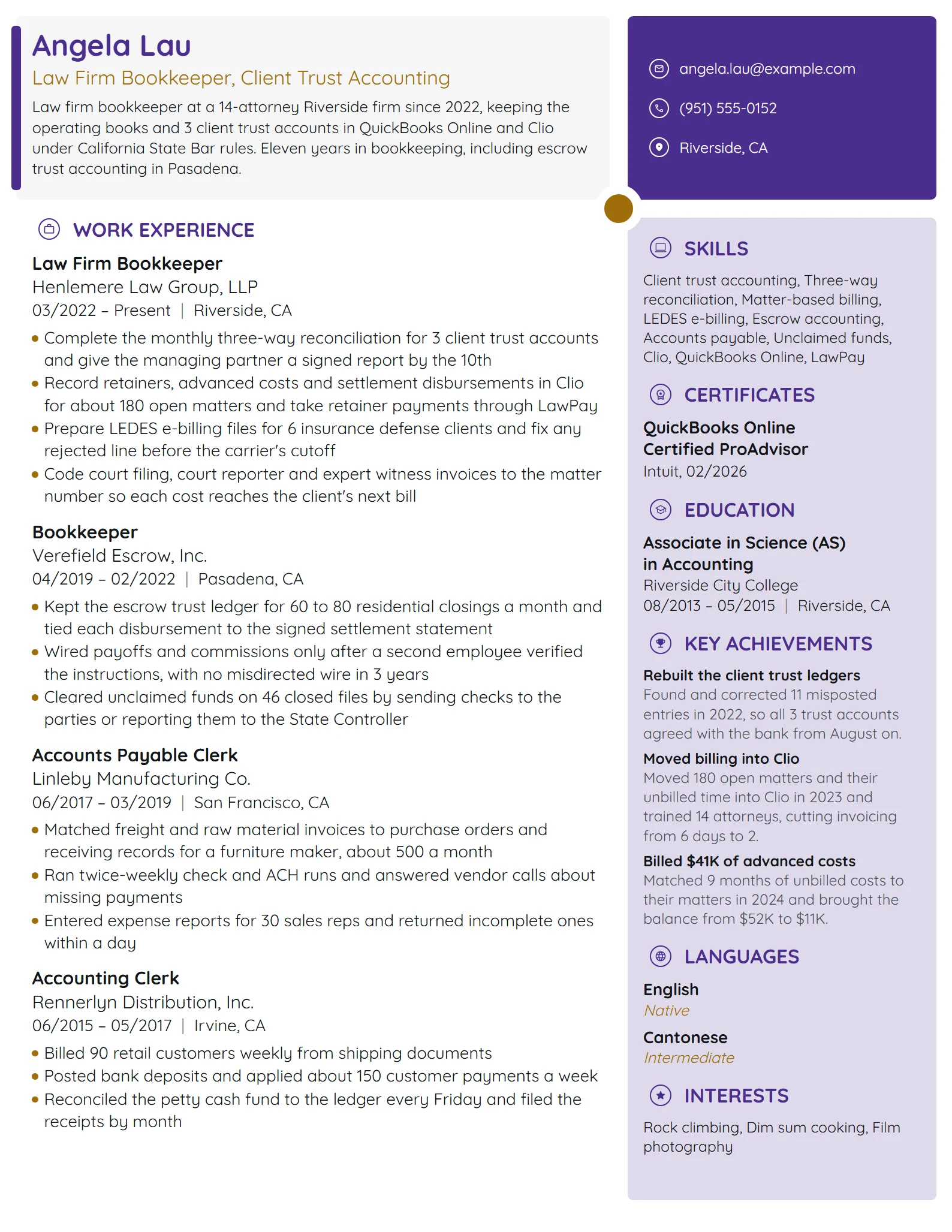 Law Firm Bookkeeper resume example