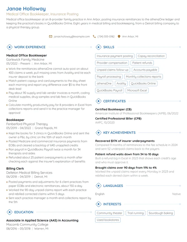 Medical Office Bookkeeper resume example