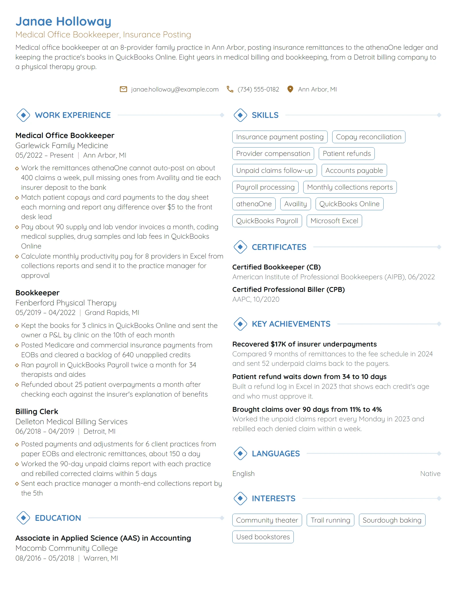 Medical Office Bookkeeper resume example