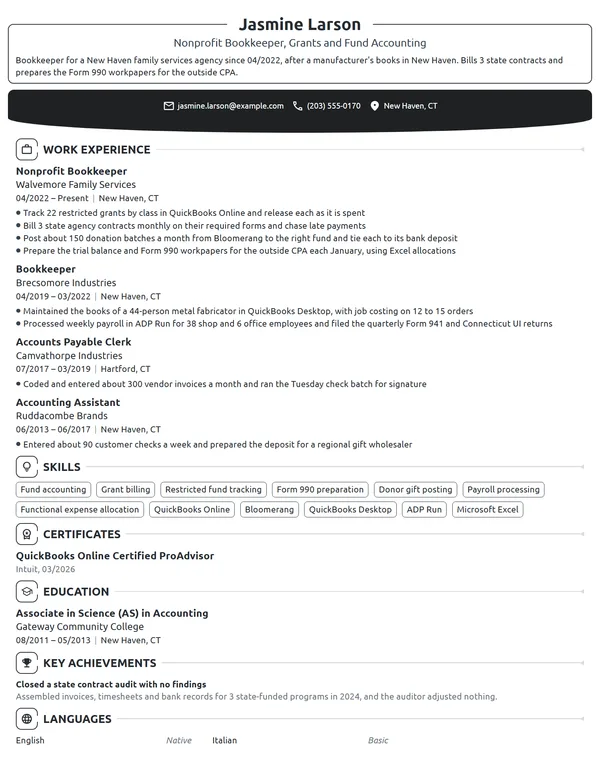 Nonprofit Bookkeeper resume example