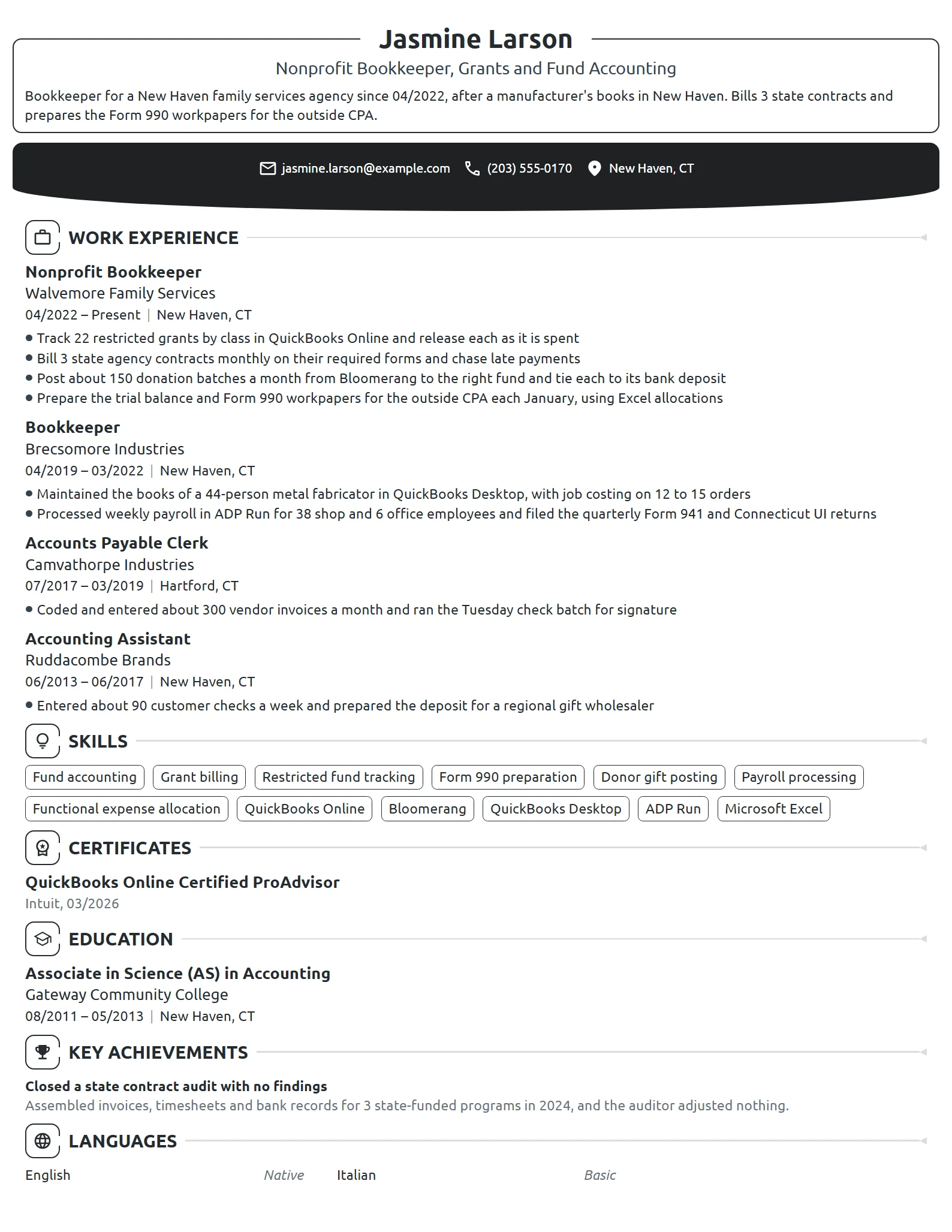 Nonprofit Bookkeeper resume example