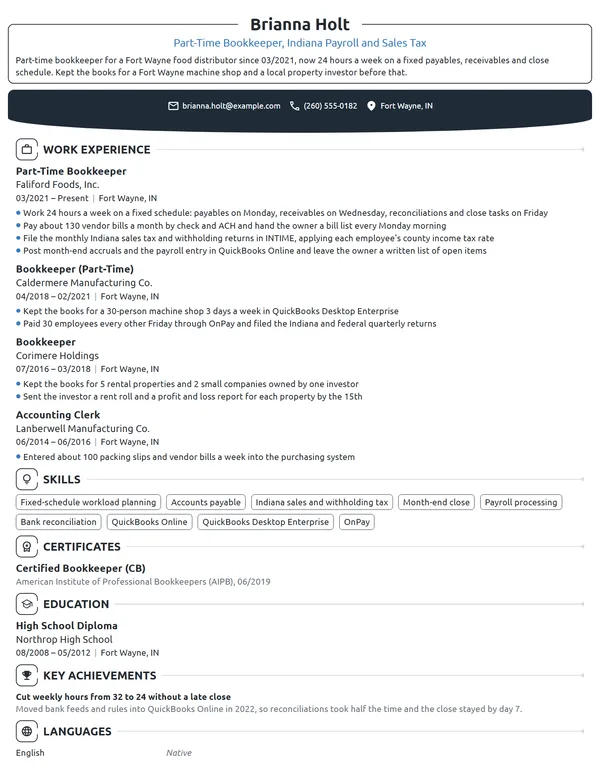 Part-Time Bookkeeper resume example