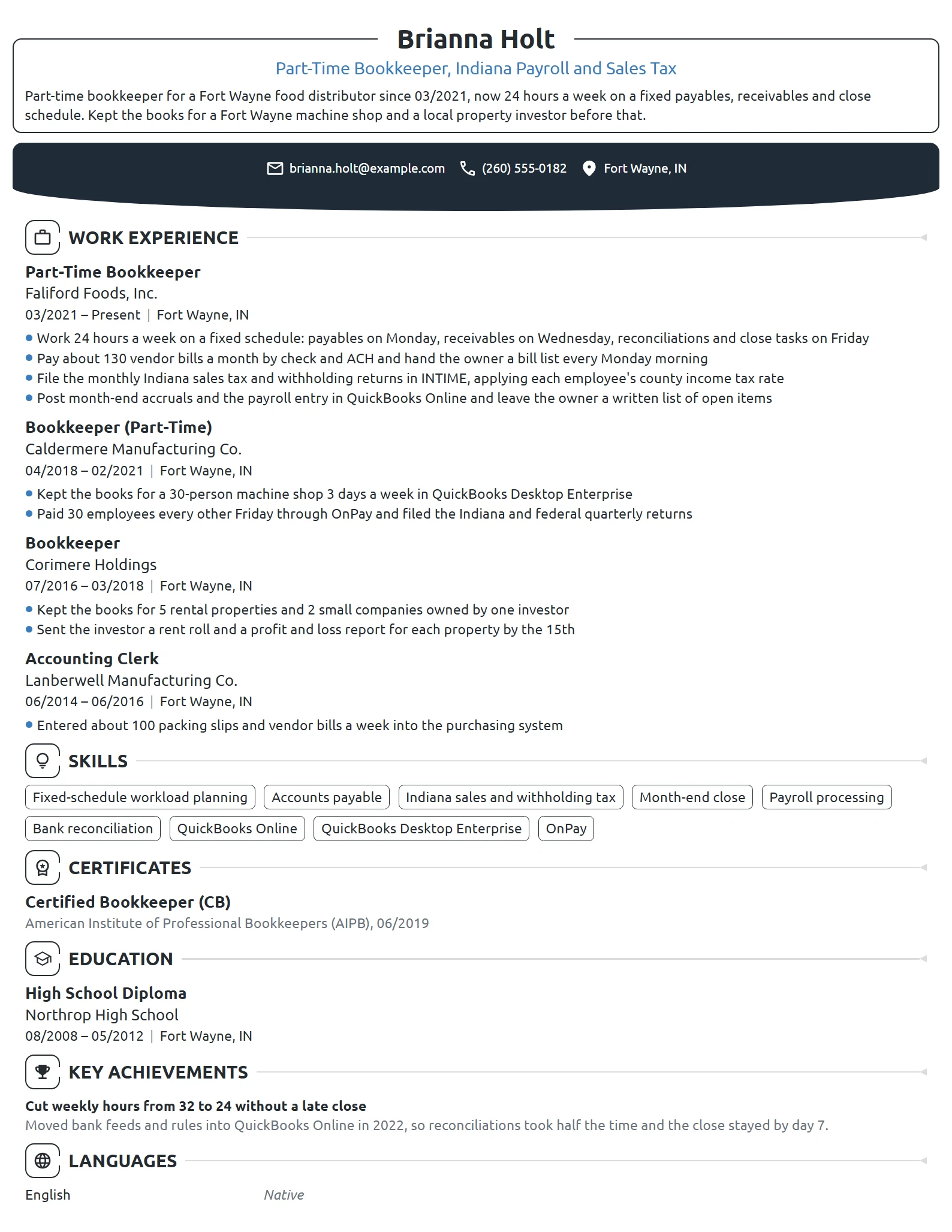 Part-Time Bookkeeper resume example