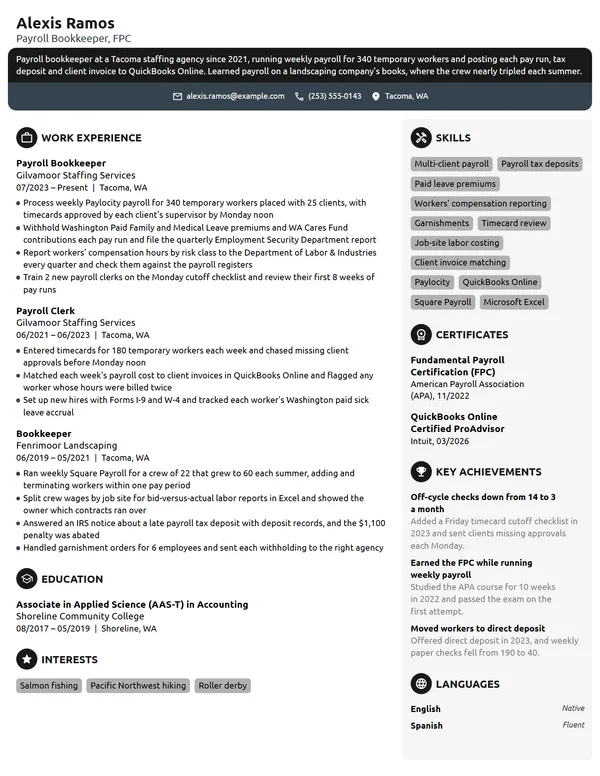 Payroll Bookkeeper resume example