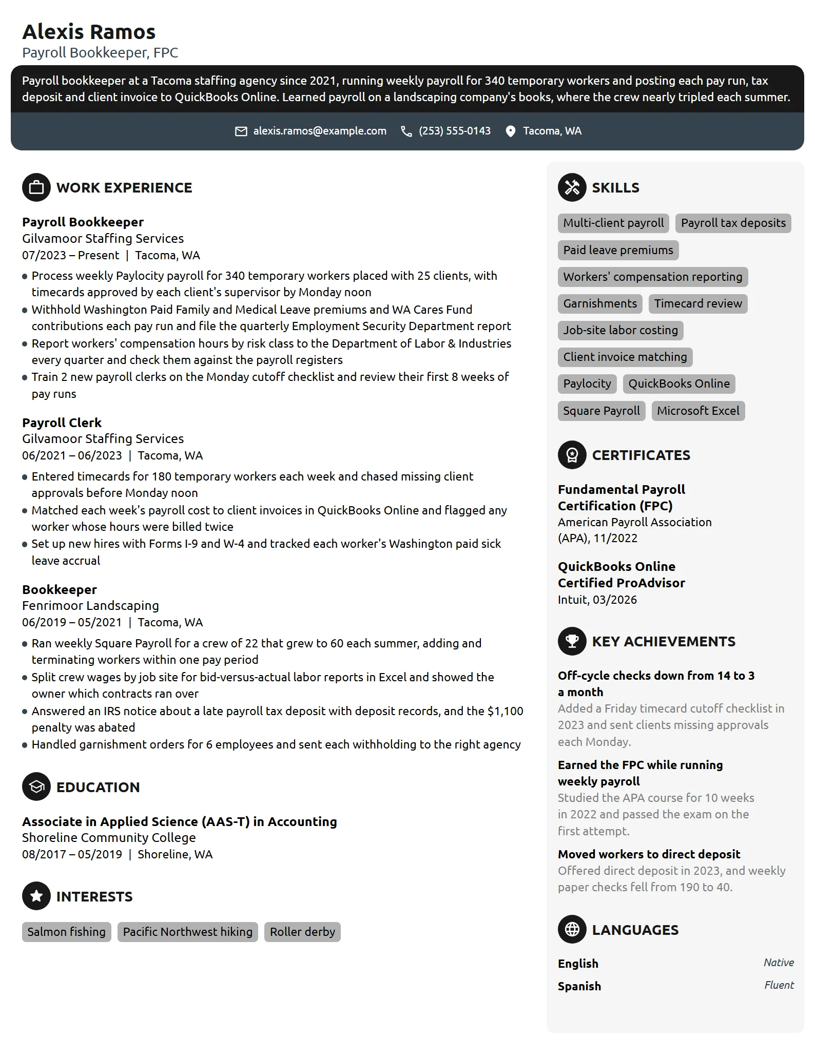 Payroll Bookkeeper resume example