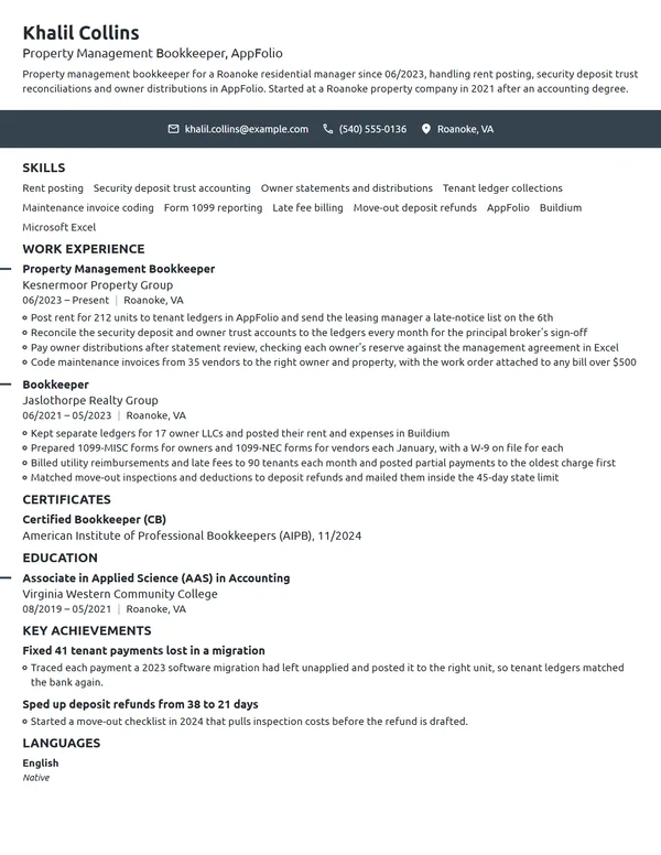 Property Management Bookkeeper resume example