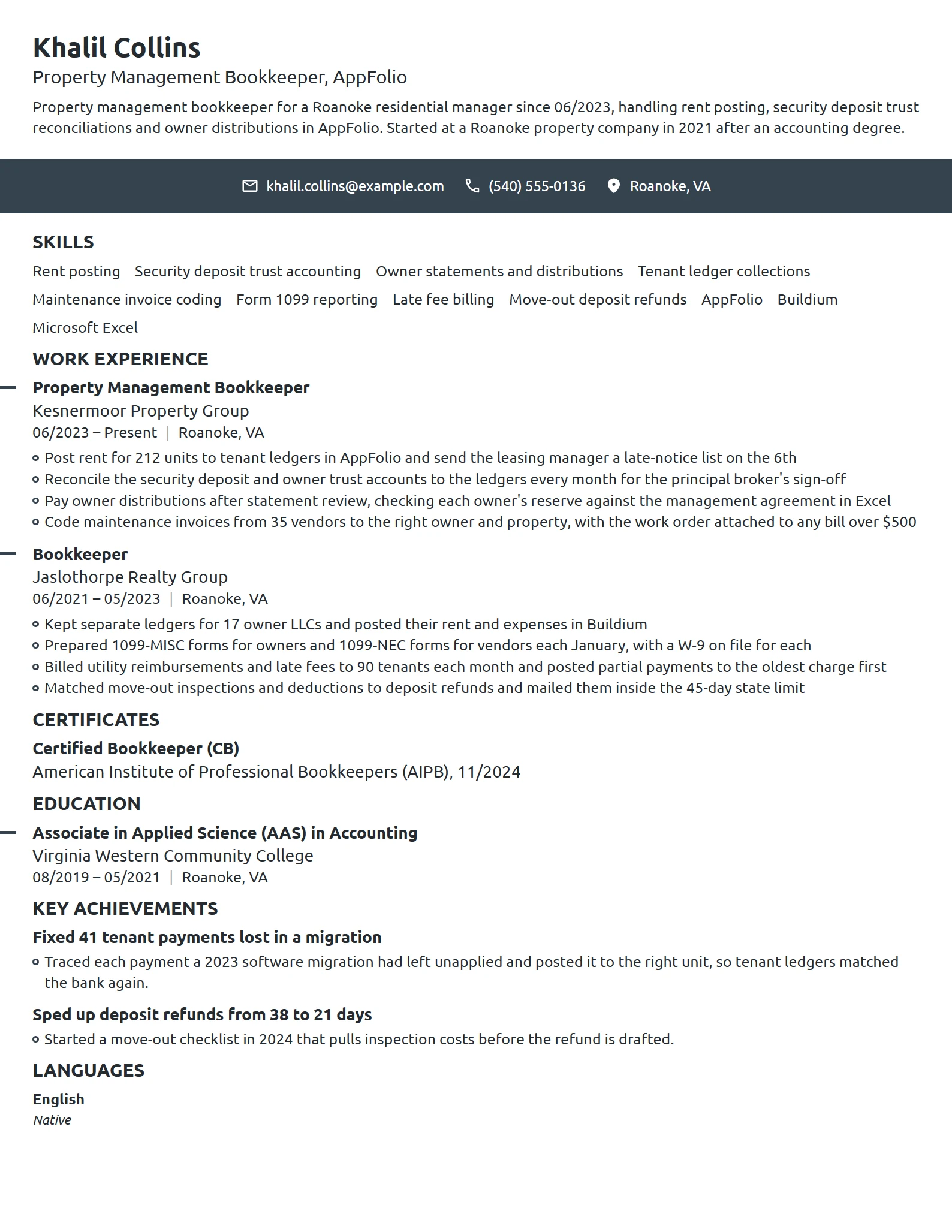 Property Management Bookkeeper resume example