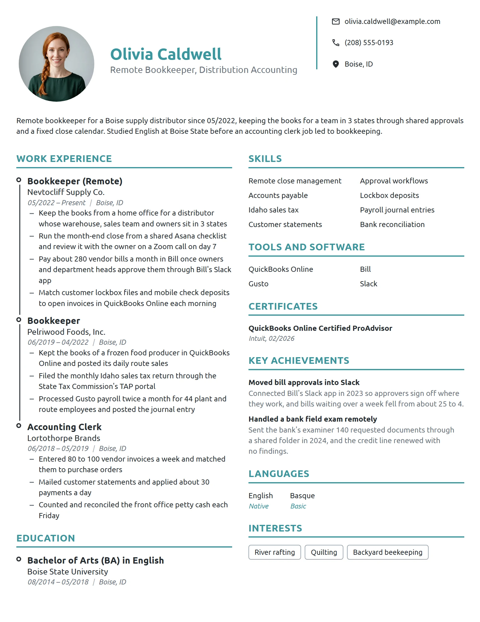 Remote Bookkeeper resume example