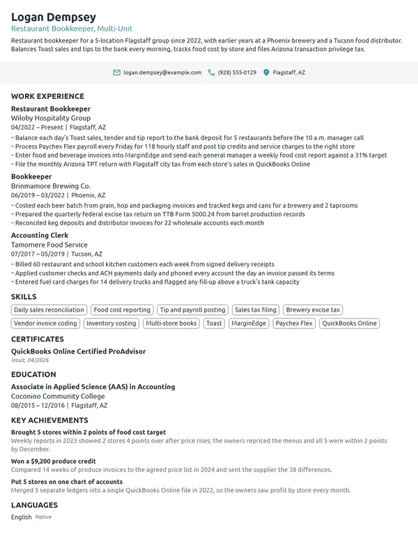 Restaurant Bookkeeper resume example