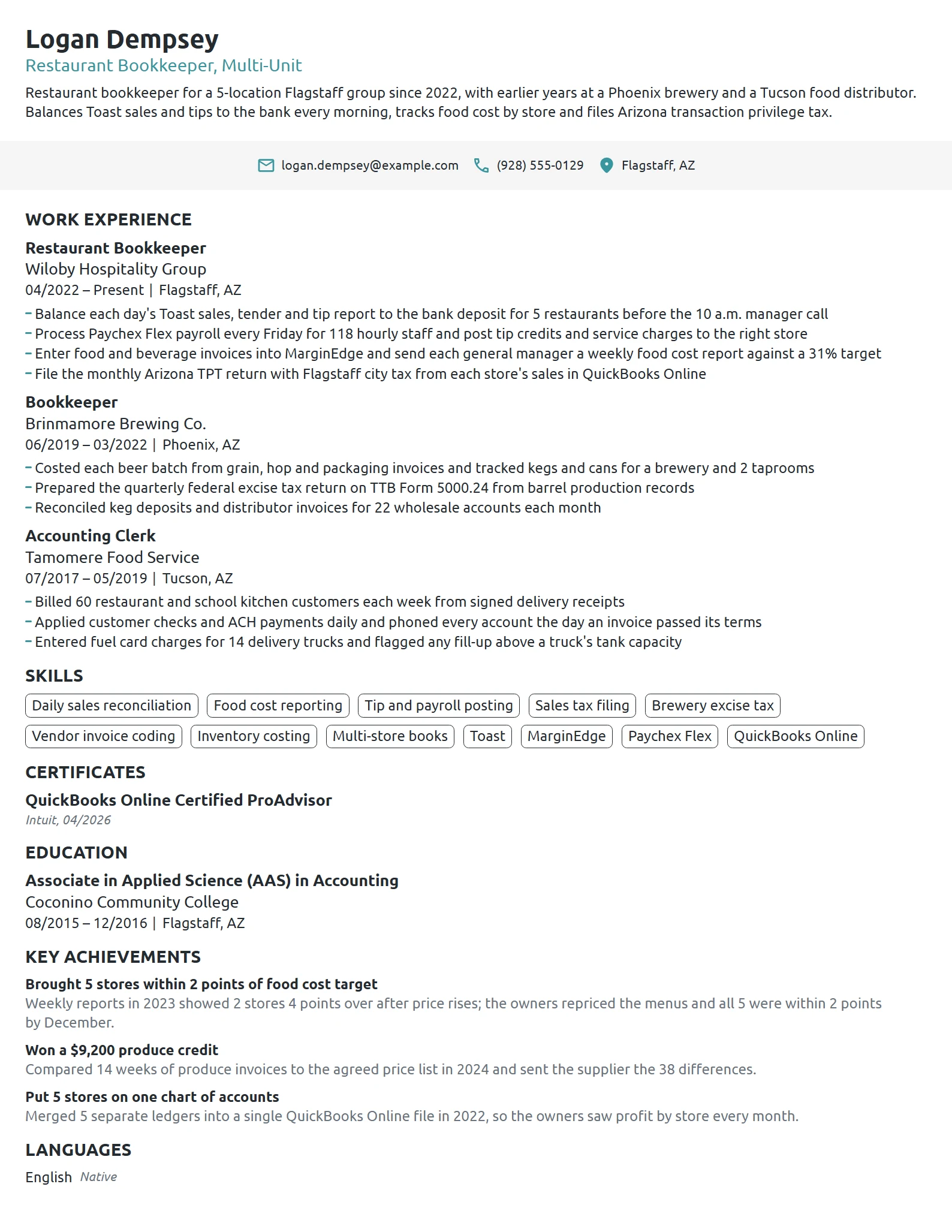 Restaurant Bookkeeper resume example